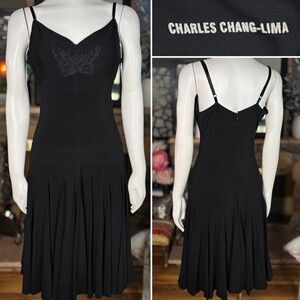 Charles Chang Lima Y2k Vintage Black Butterfly Drop Waist Pleated Dress Sz 10
